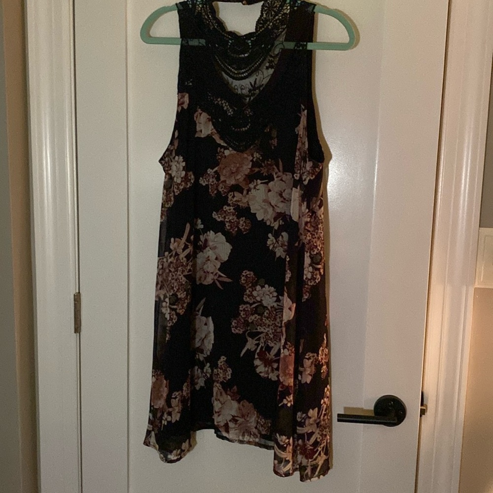 Black floral women’s XL dress. Sheer overlay. Pretty button around neck.